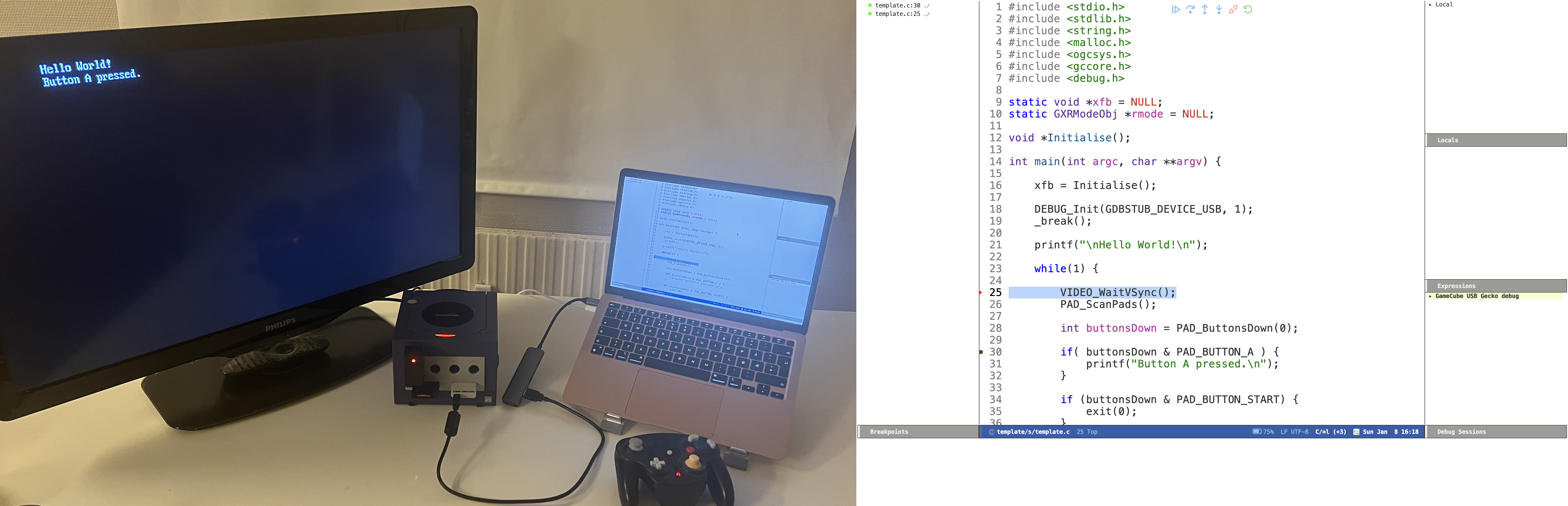 Debugging a hello world GameCube application in Emacs using the USB Gecko.